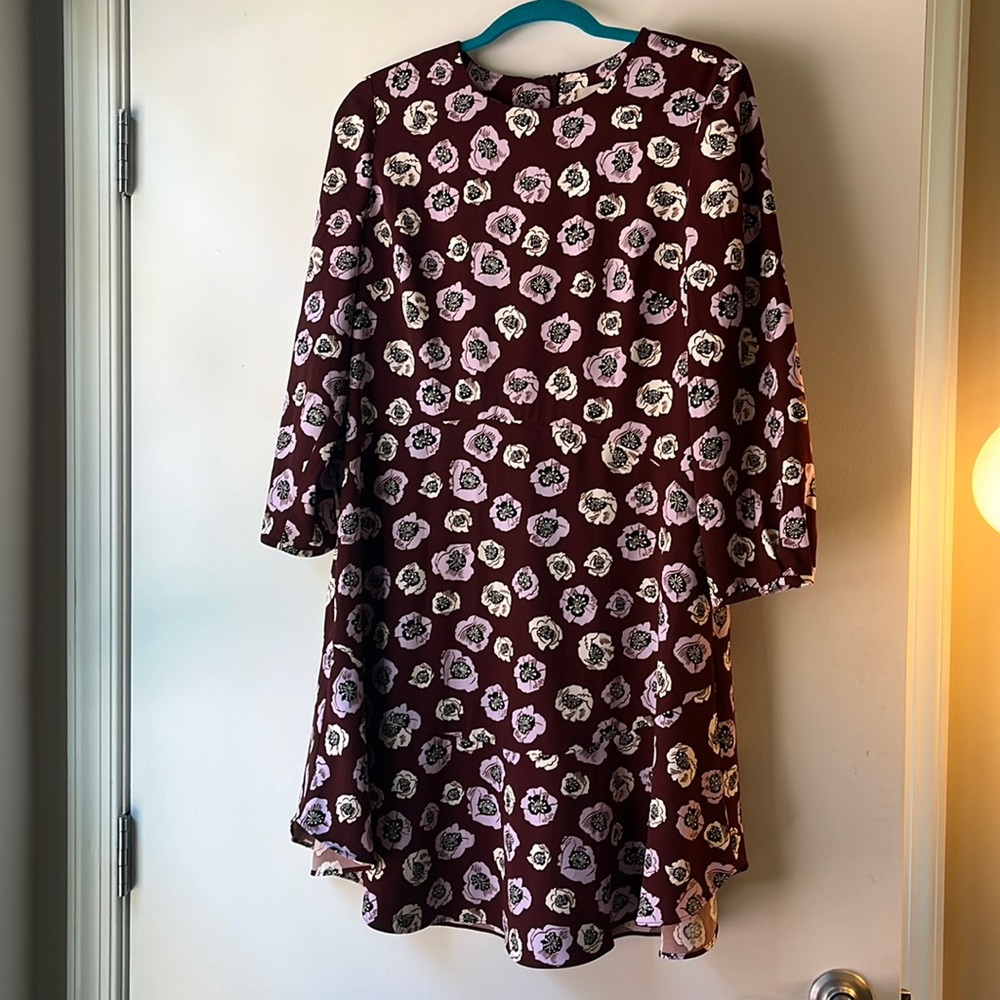 Long sleeve, plum dress with lilac and white flowers